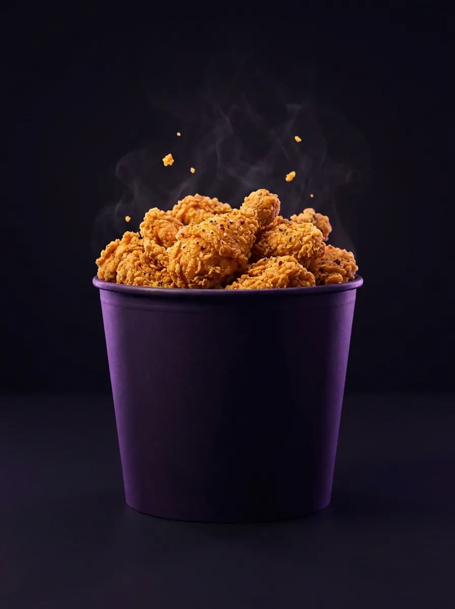The Royal Bucket — crispy fried chicken in the signature purple bucket