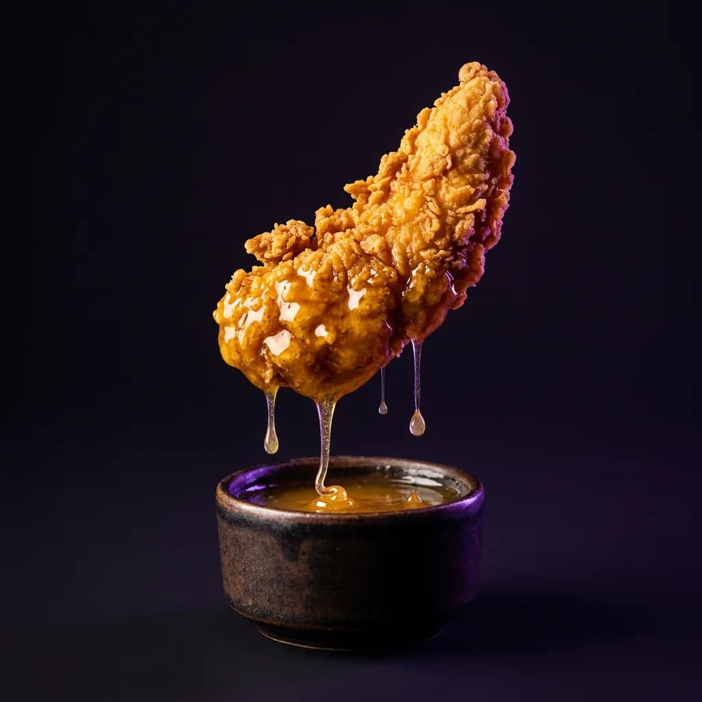 A crispy tender dripping with golden honey sauce