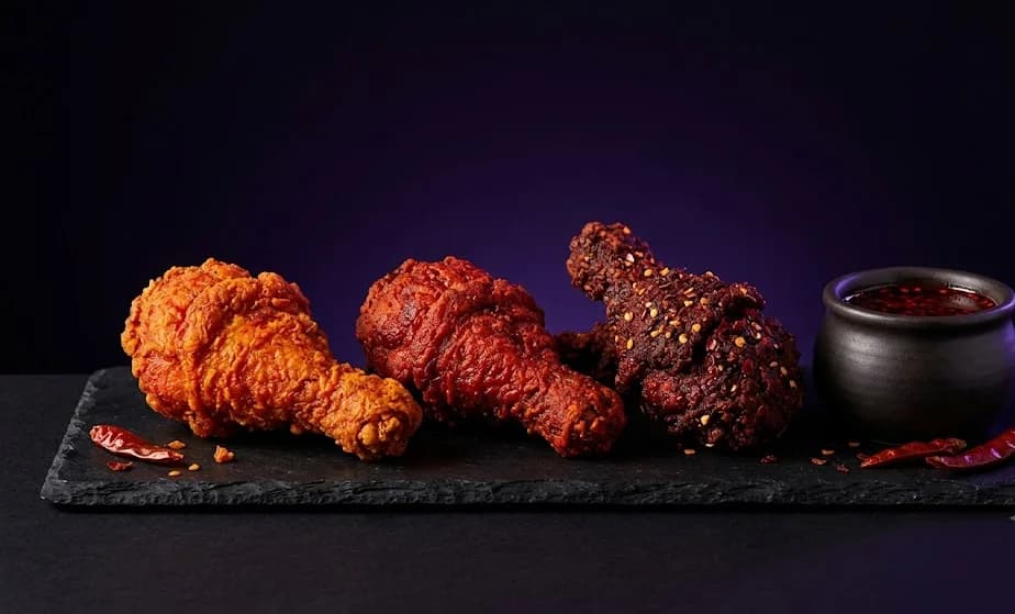 Three Nashville-hot fried chicken pieces in rising shades of red beside a pot of chili oil