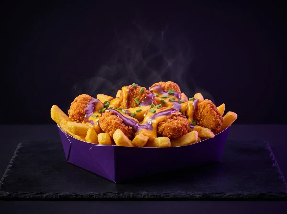 Loaded fries topped with crispy chicken bites, molten cheese and royal drizzle