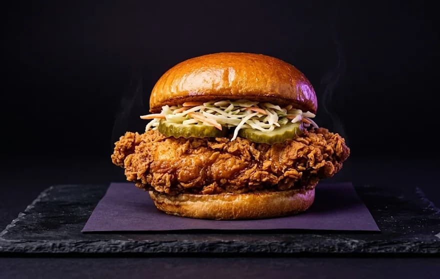 The Crown Sandwich — crispy fillet, slaw and pickles on a glossy brioche bun