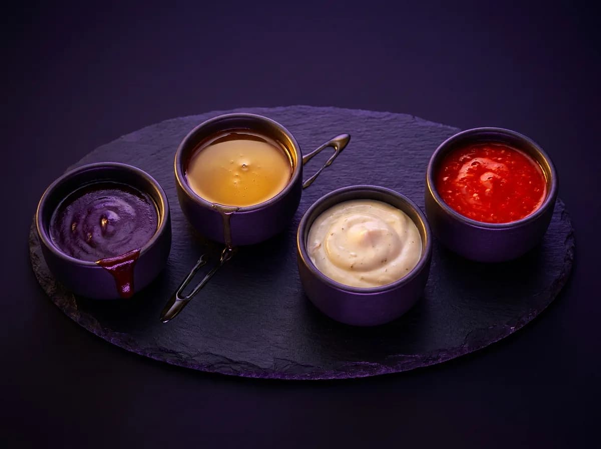 Four signature sauce pots — Royal BBQ, Honey Gold, Midnight Garlic and Scarlet Fire