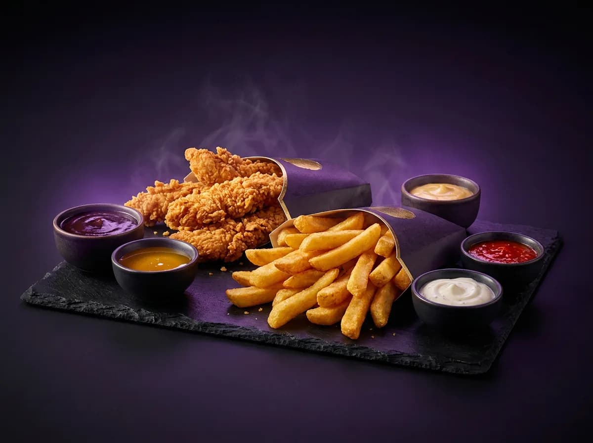 A full spread of tenders, fries and four signature sauces
