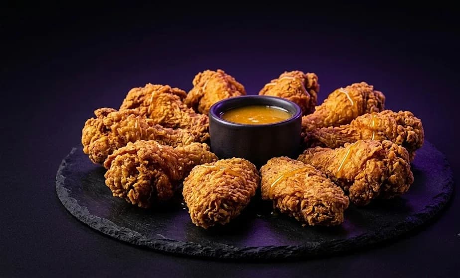 A ring of crispy fried wings around a pot of golden honey-butter sauce